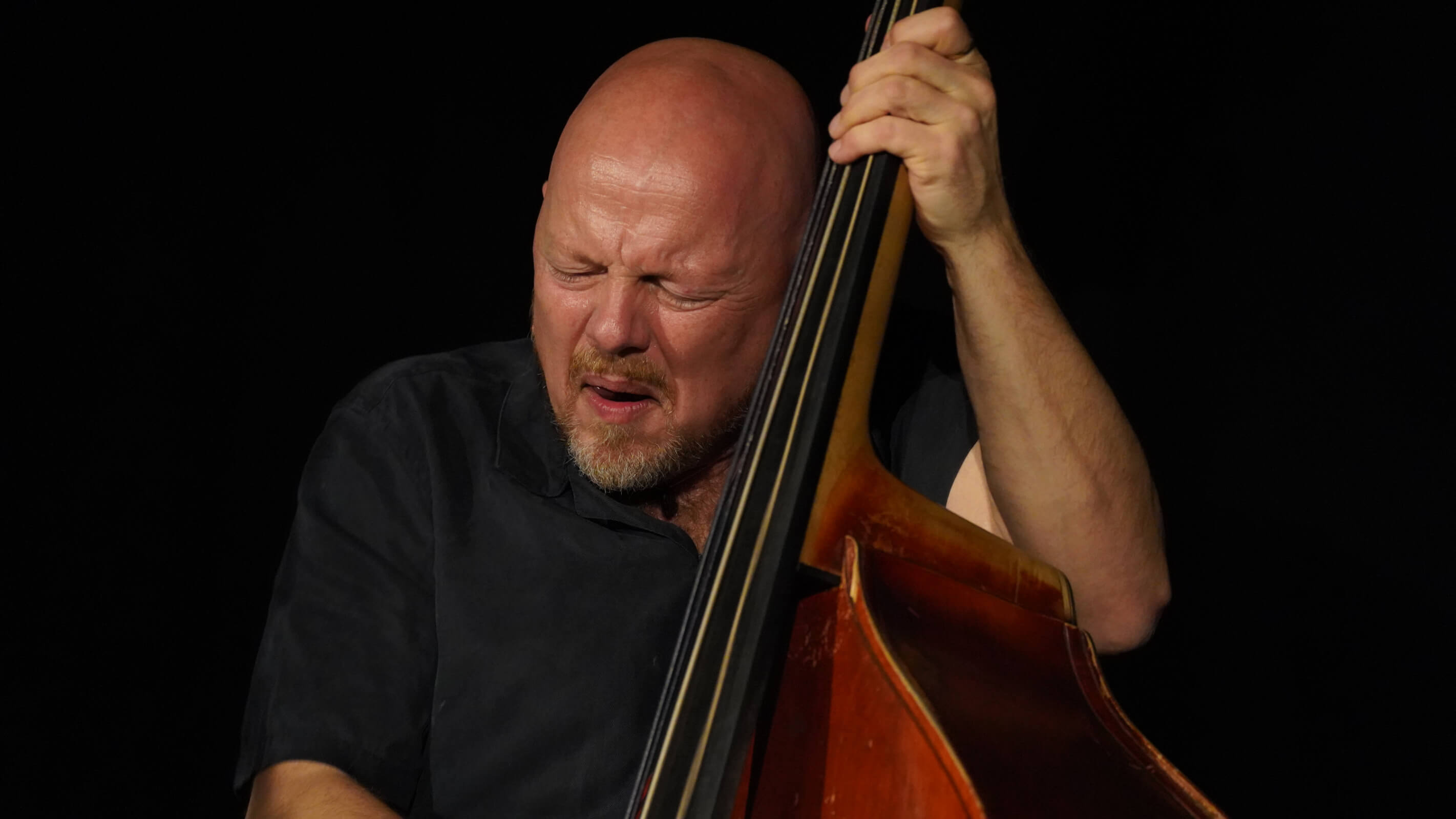 Kontrabassist mit rasiertem Kopf hält den Bass, eng vor schwarzem Hintergrund gerahmt.