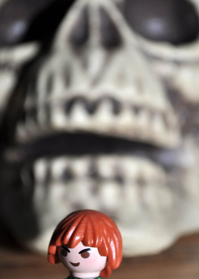 Playmobil-Piratenfigur vor einem großen unscharfen Totenkopf-Dekor.
